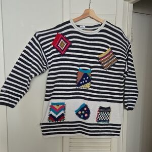 Vintage Cotton Striped Patchwork Knit Sweater Black & White  Multicolor Patches